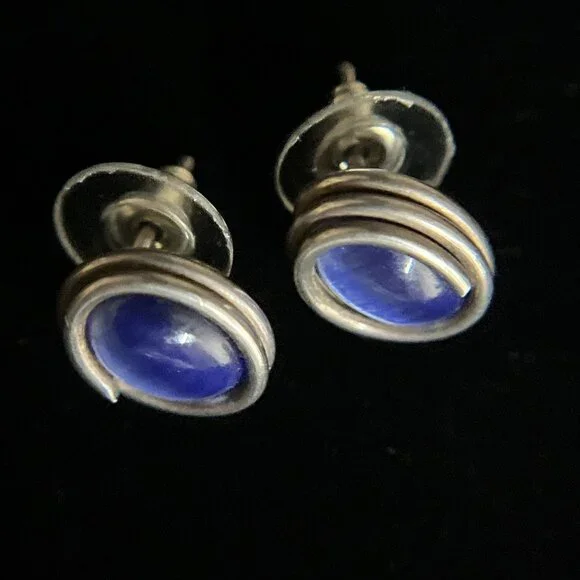 Vintage Modernist Sterling Silver Blue Cat's Eye Stud Earrings Oval Cabochon - Picture 4 of 10